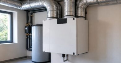 Jak prawidłowo zaprojektować instalację rekuperacji w domu? Centrala rekuperacyjna z podłączonymi metalowymi kanałami wentylacyjnymi w pomieszczeniu technicznym.