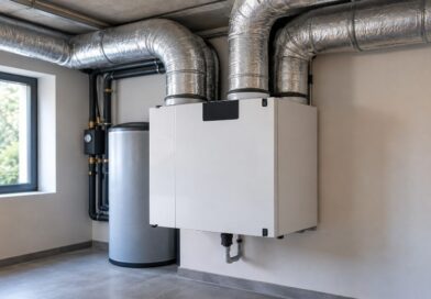 Jak prawidłowo zaprojektować instalację rekuperacji w domu? Centrala rekuperacyjna z podłączonymi metalowymi kanałami wentylacyjnymi w pomieszczeniu technicznym.