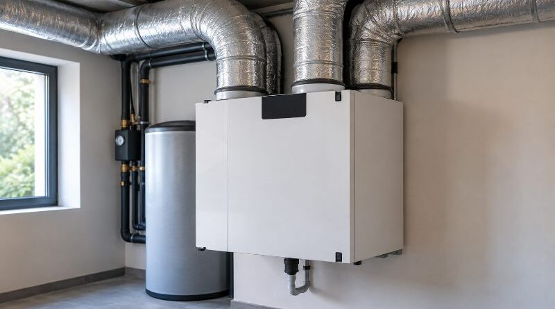 Jak prawidłowo zaprojektować instalację rekuperacji w domu? Centrala rekuperacyjna z podłączonymi metalowymi kanałami wentylacyjnymi w pomieszczeniu technicznym.